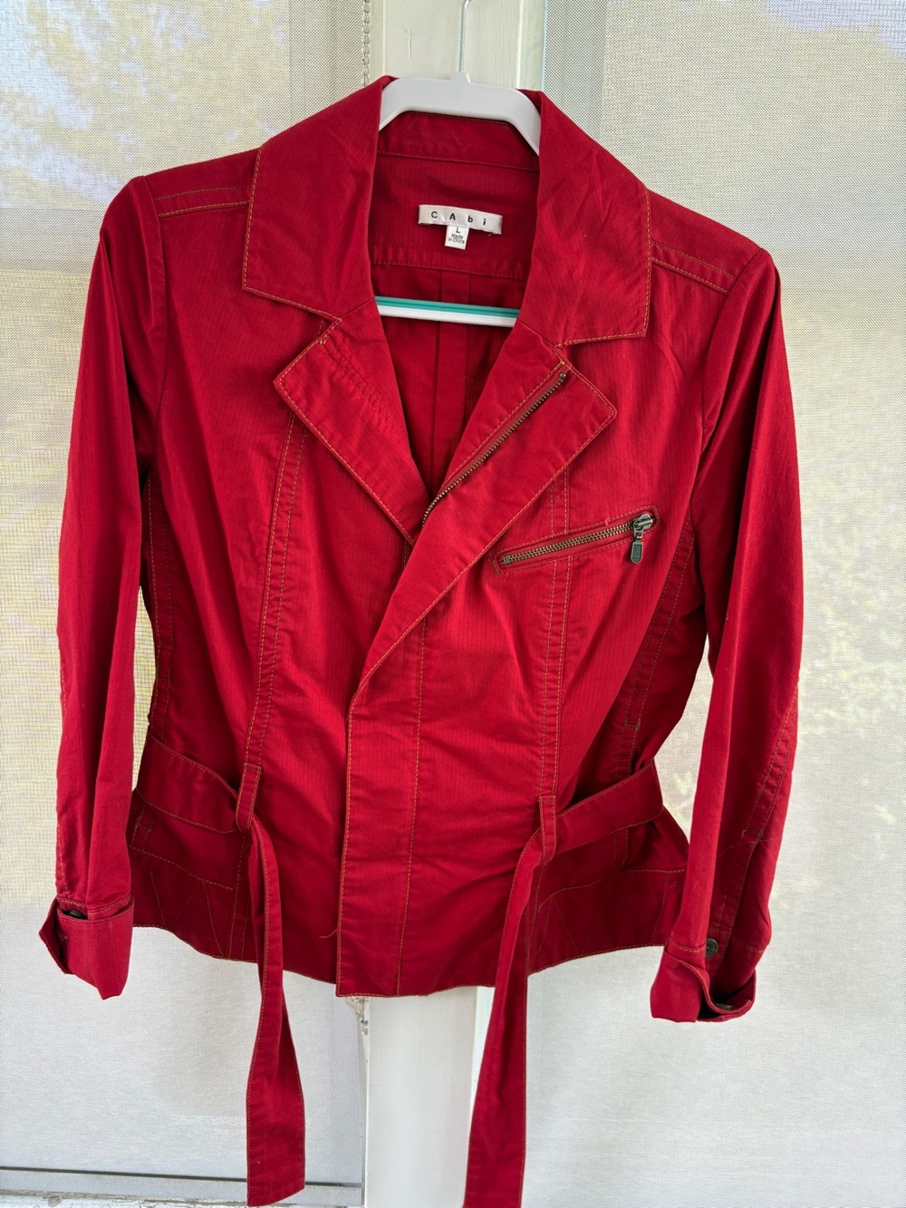 CAbi Red Tie-Waist Utility Jacket with Zip Pocket